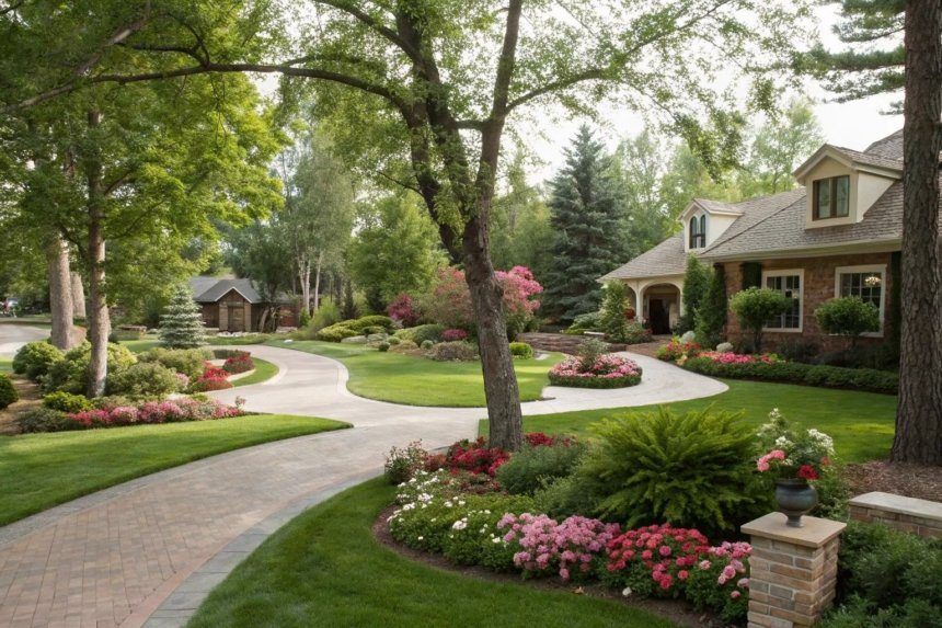 Beautiful stone patio with retaining wall and landscaping